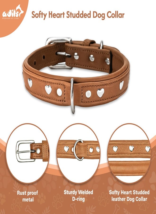 ADIL'S Adil’S Genuine Leather Heart Studded Dog Collar 1in Width, Neck Size: 12" to 26", Cognac Leather Dog Collar with Soft Padding, Sturdy & Strong D-Ring for leashes & ID Card. - Image 3